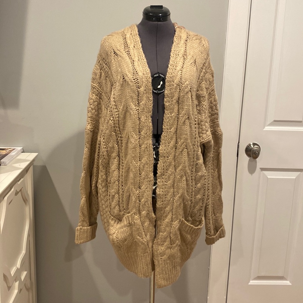 Fashion Union Oversized Light Brown Chunky Cable Knit Cardigan Sweater
